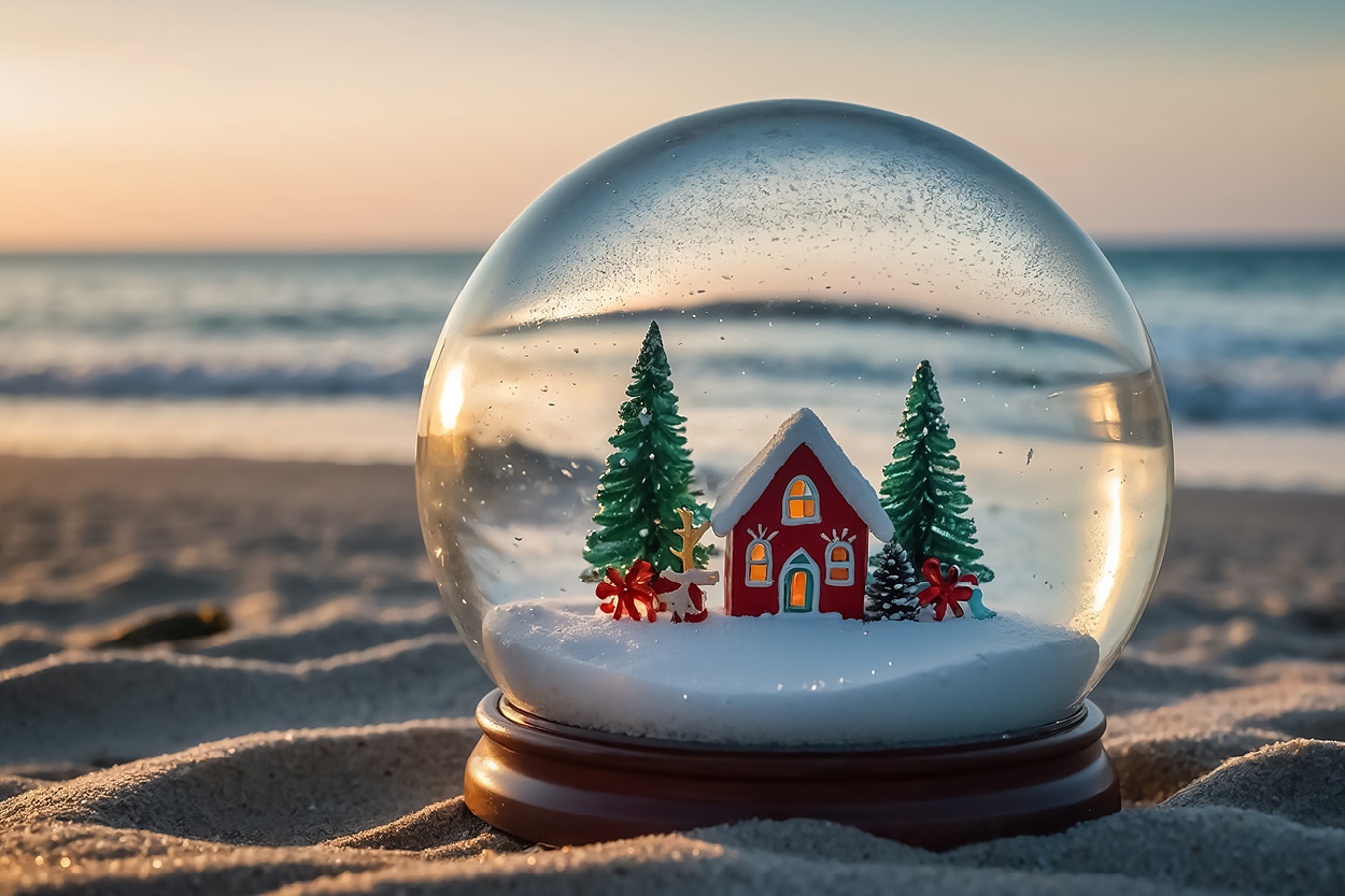 Schneekugel im Sand am Strand